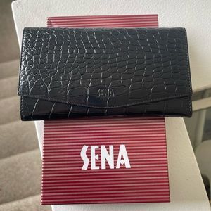 Sena 5114 lady purse black croc embossed trifold wallet new with box